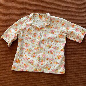 Vintage "Minnesota Woolen" flowery button-up t-shirt Size 16, 70s cotton linen